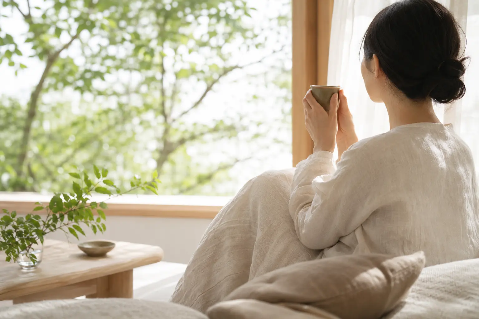窓辺でくつろぎながら温かい飲み物を楽しむ女性
